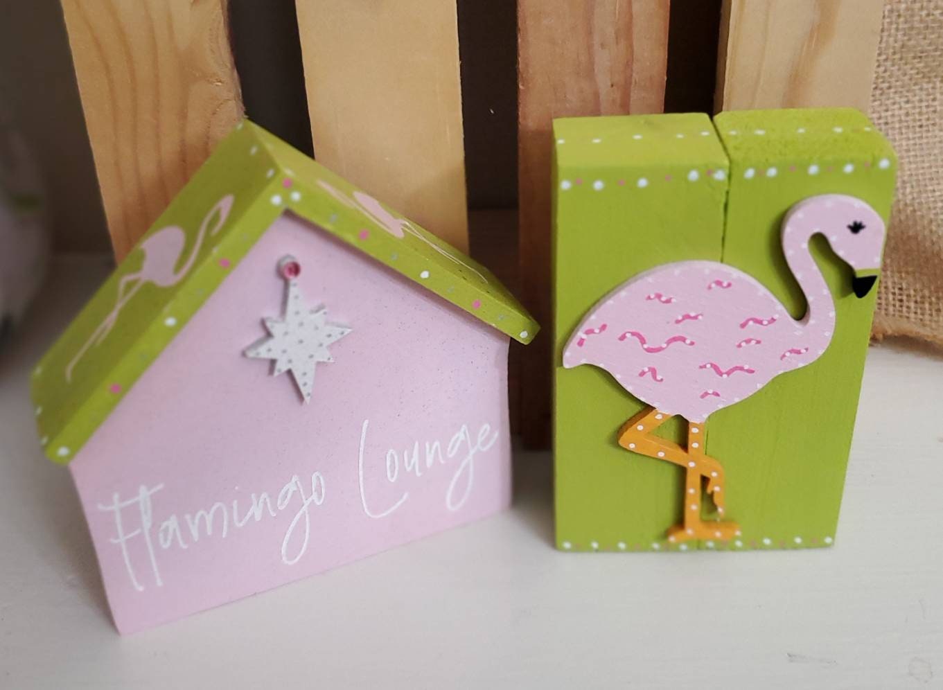 Flamingo Tiered Tray Decor Set – Hand-Painted Pink & Lime Green Coastal Charm with 3D Accents & Glitter Details