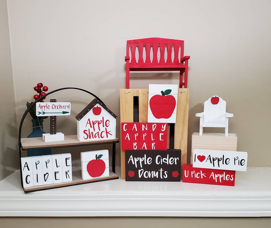 Apple Orchard Tiered Tray Decor – Red & White Fall Mini Signs, Apple Cider Donuts, Adirondack Chair, Kitchen Shelf Sitters