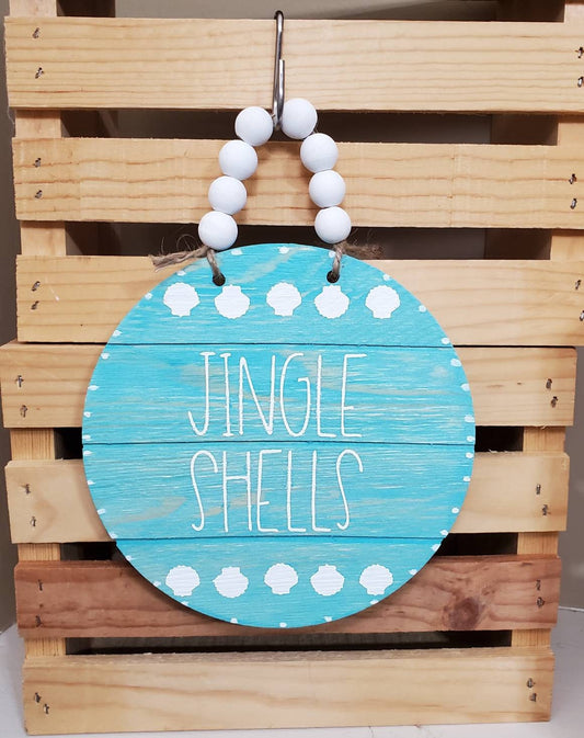 Jingle Shells Aqua Wood Sign – Coastal Christmas Decor with Wood Bead Hanger