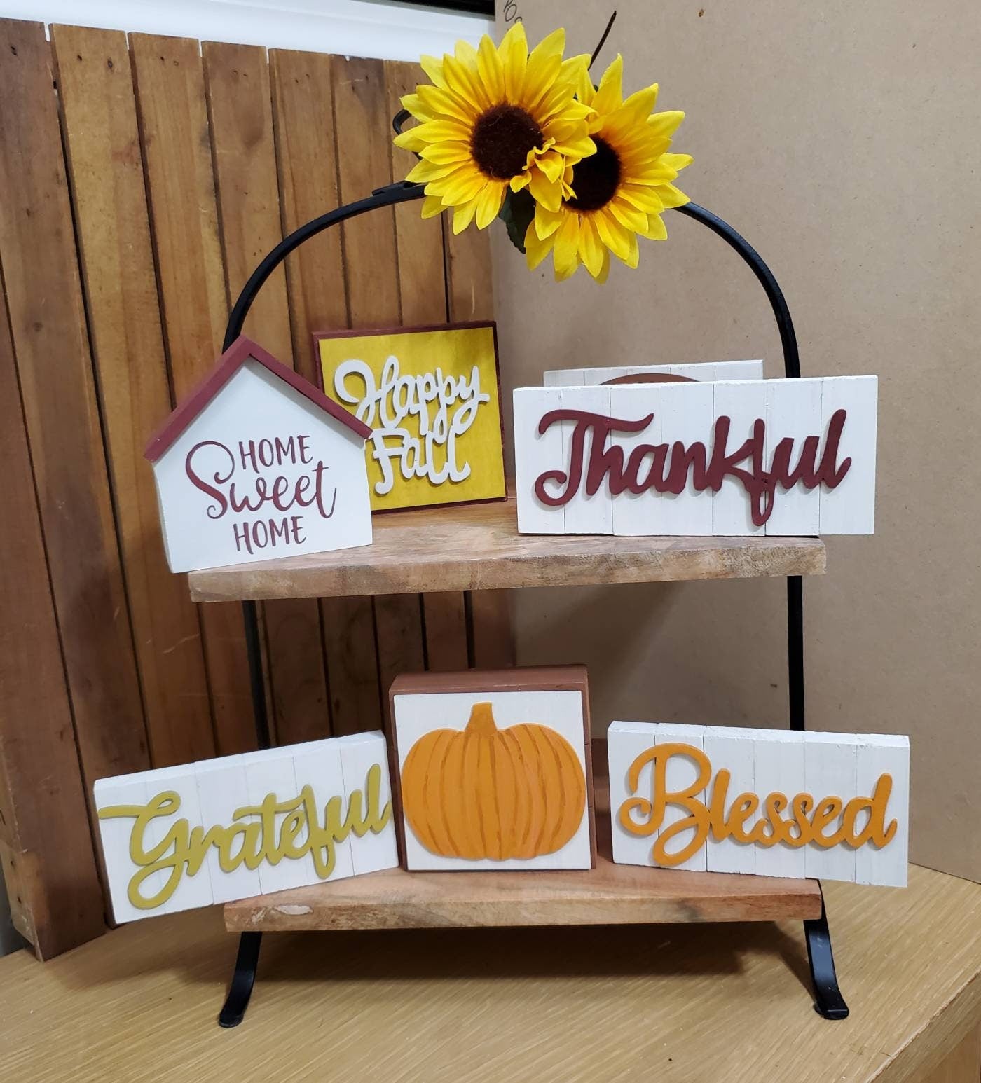 Fall Tiered Tray Decor – Burgundy & Gold 3D Wood Signs, Hand Painted Autumn Shelf Sitters