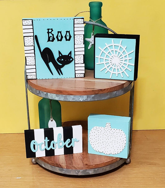 Beach Halloween Tiered Tray Decor – Aqua, Black & White 3D Spooky Signs for Coastal Halloween Styling