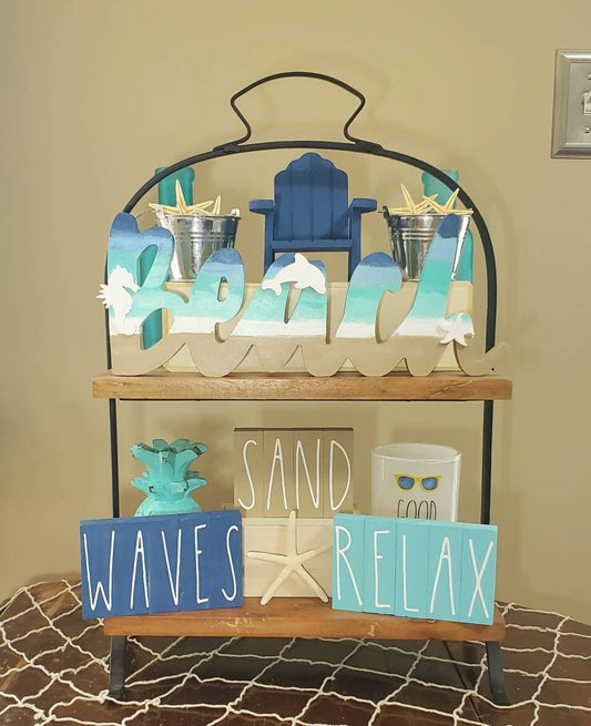 Beach House Tiered Tray Decor – Hand-Painted Coastal Signs