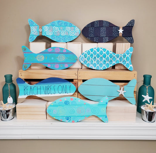 Hand-Painted Fish Shelf & Tray Decor – One-of-a-Kind Coastal Accents