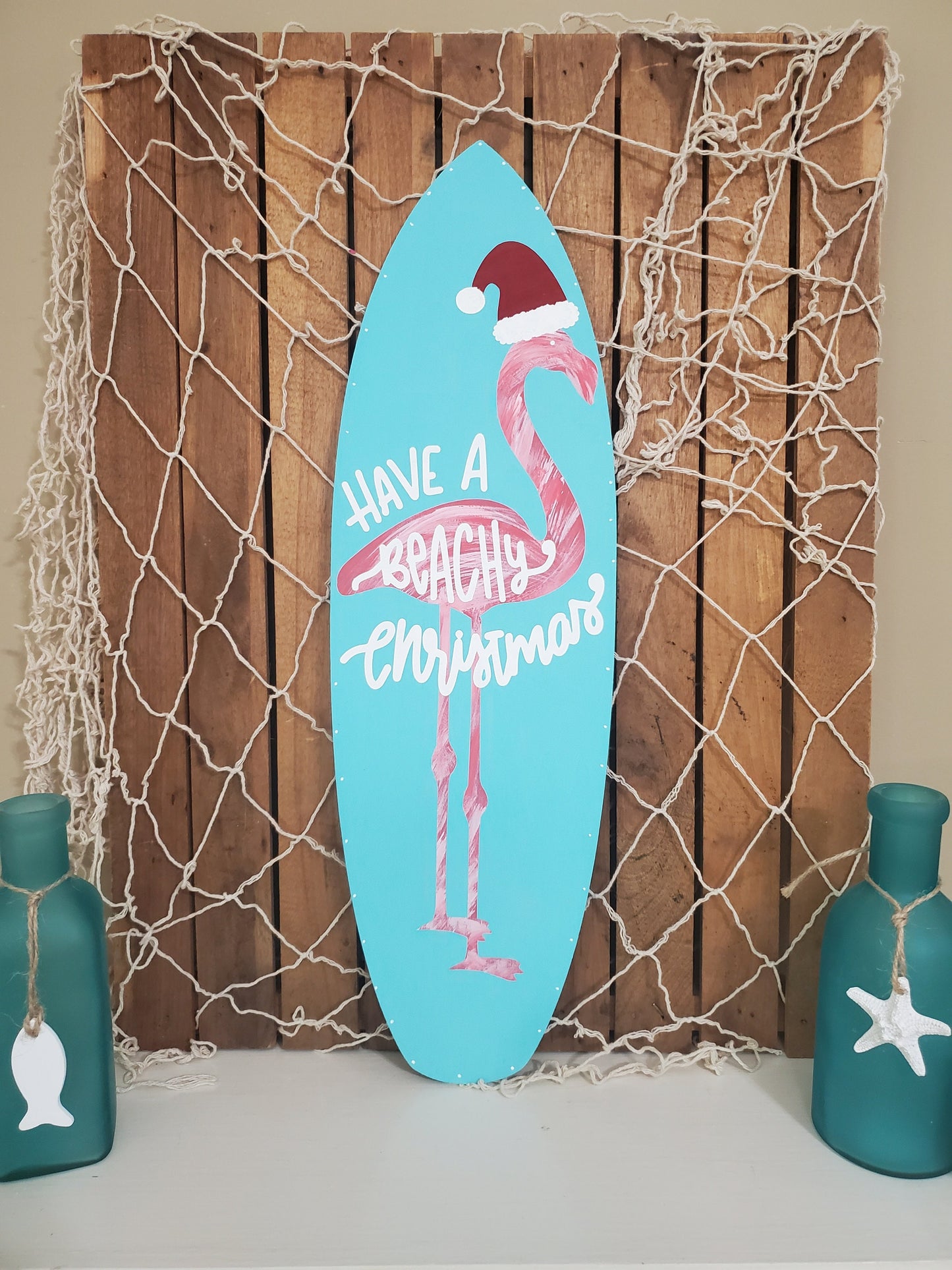 Have a Beachy Christmas Surfboard Sign – Hand-Painted Flamingo Coastal Holiday Decor