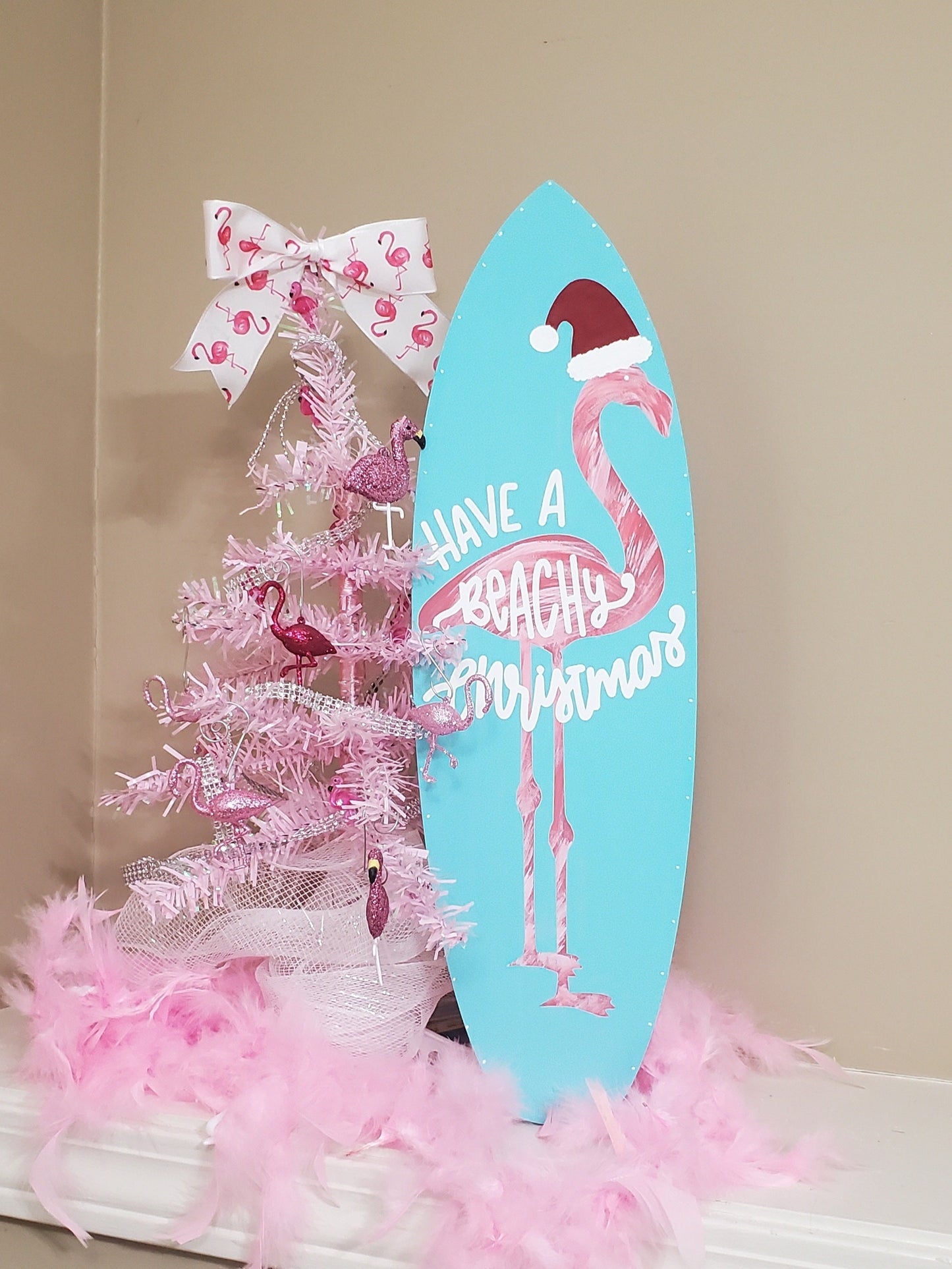 Have a Beachy Christmas Surfboard Sign – Hand-Painted Flamingo Coastal Holiday Decor