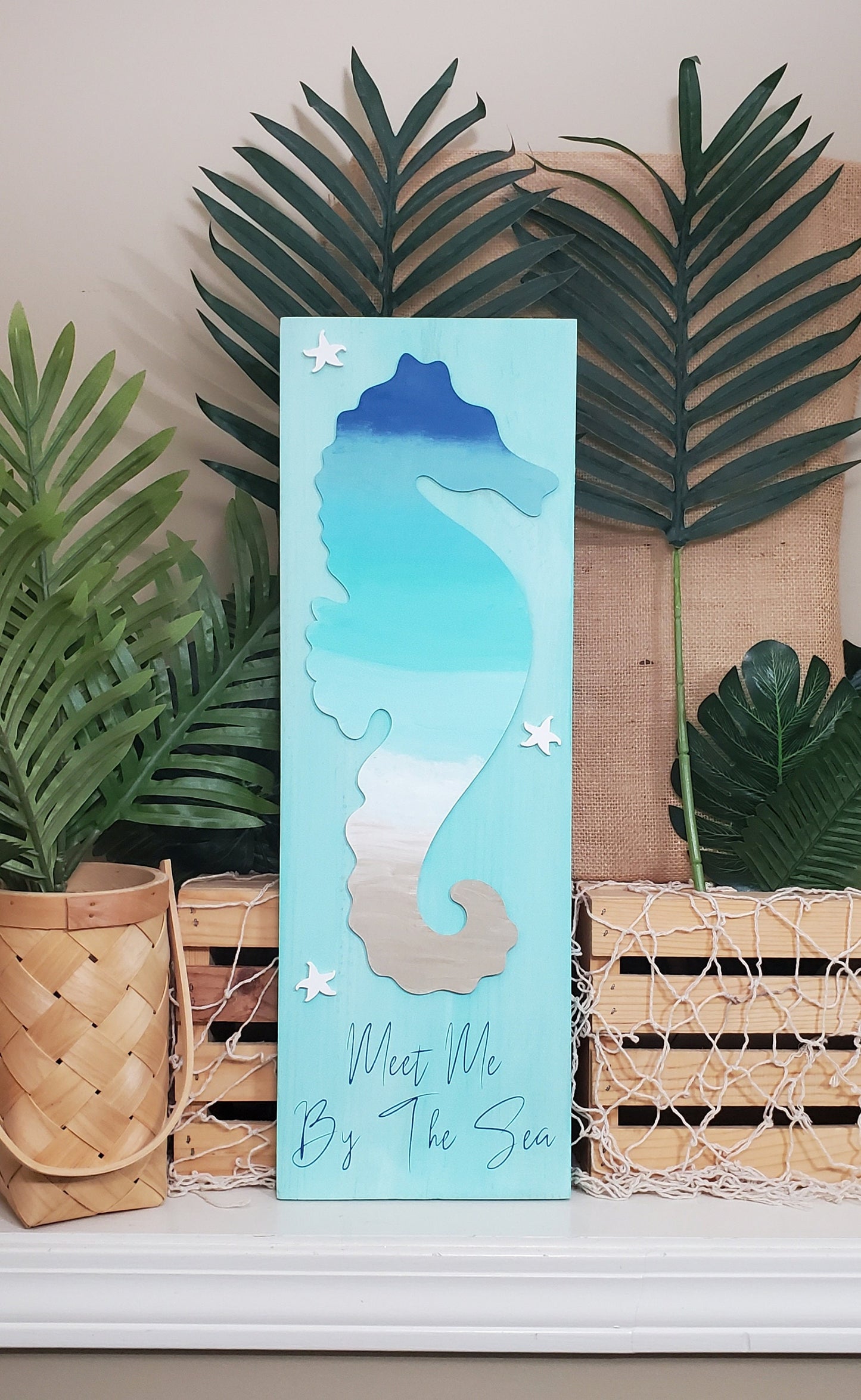Meet Me By The Sea – Hand-Painted Seahorse Coastal Sign