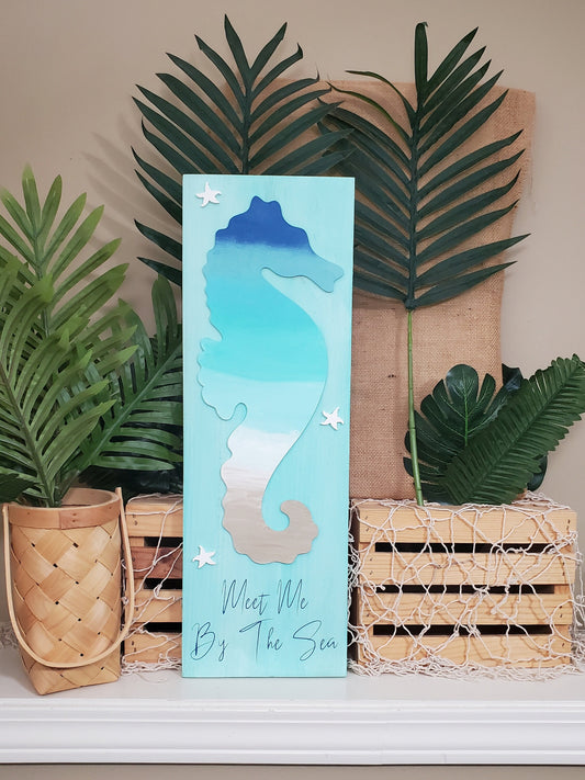 Meet Me By The Sea – Hand-Painted Seahorse Coastal Sign