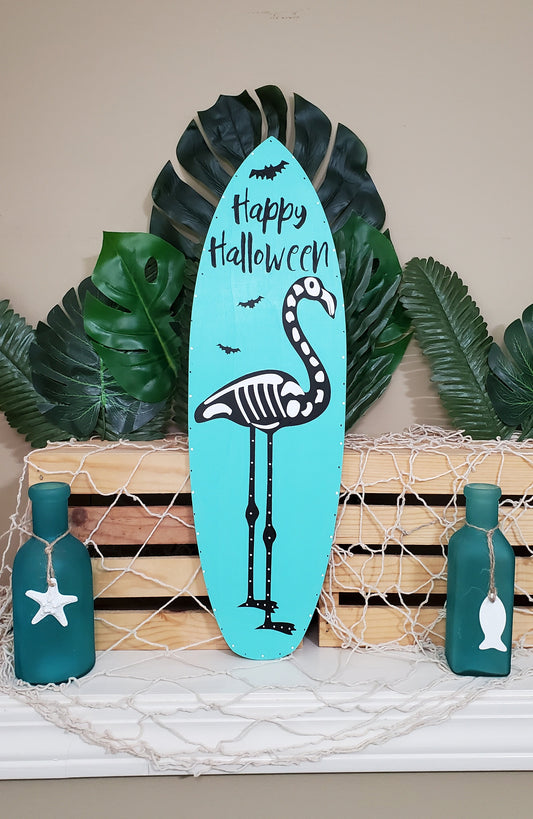 Skeleton Flamingo Surfboard Sign – Hand-Painted Aqua & Black Halloween Door or Wall Decor