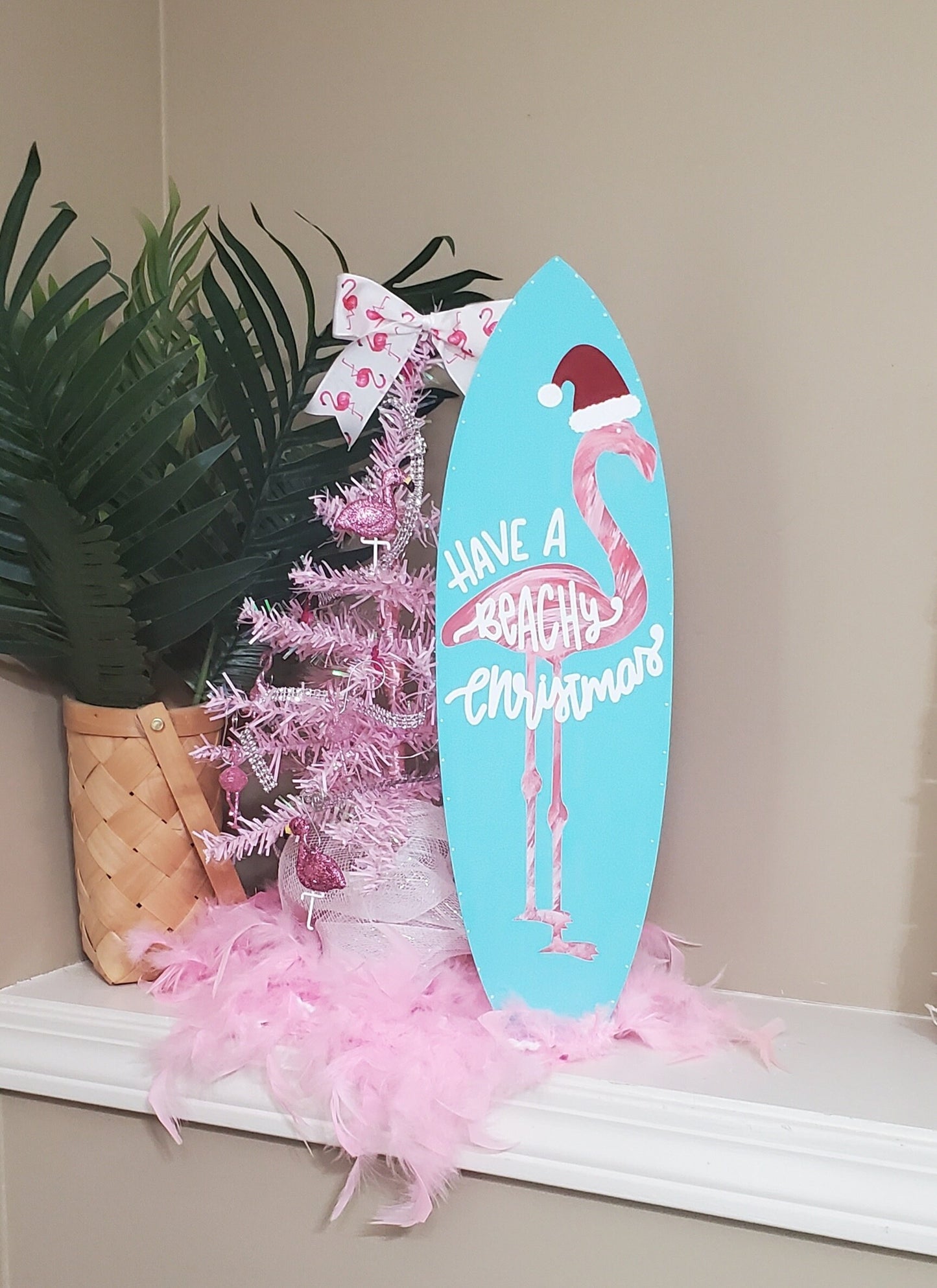 Have a Beachy Christmas Surfboard Sign – Hand-Painted Flamingo Coastal Holiday Decor