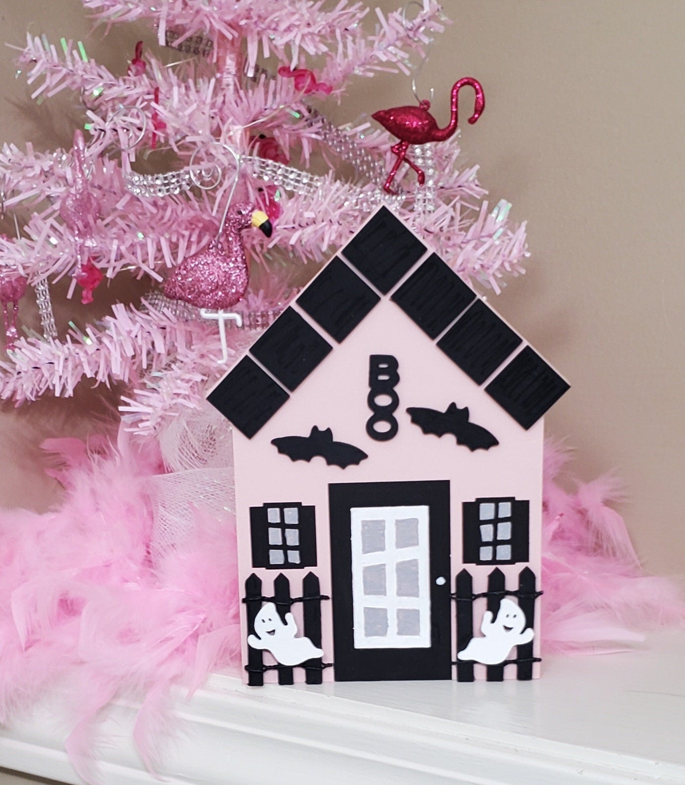 Pink Halloween Mini House Decor – Hand-Painted Shelf Sitters with Ghosts, Bats, and BOO Details