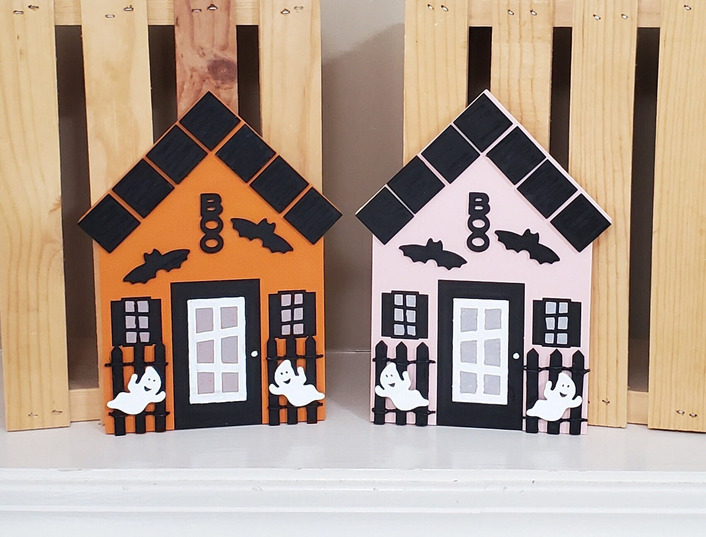 Pink Halloween Mini House Decor – Hand-Painted Shelf Sitters with Ghosts, Bats, and BOO Details