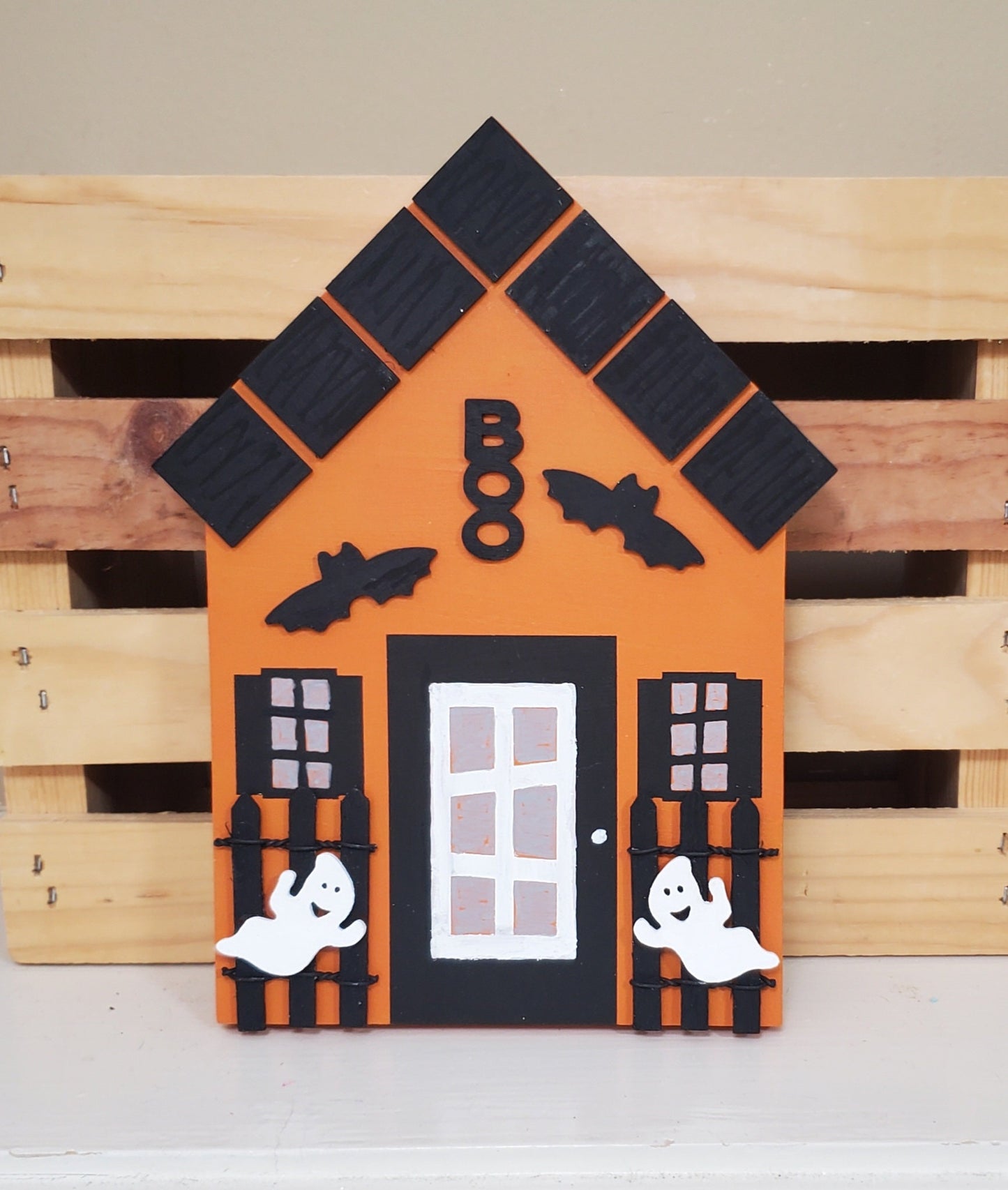 Pink Halloween Mini House Decor – Hand-Painted Shelf Sitters with Ghosts, Bats, and BOO Details