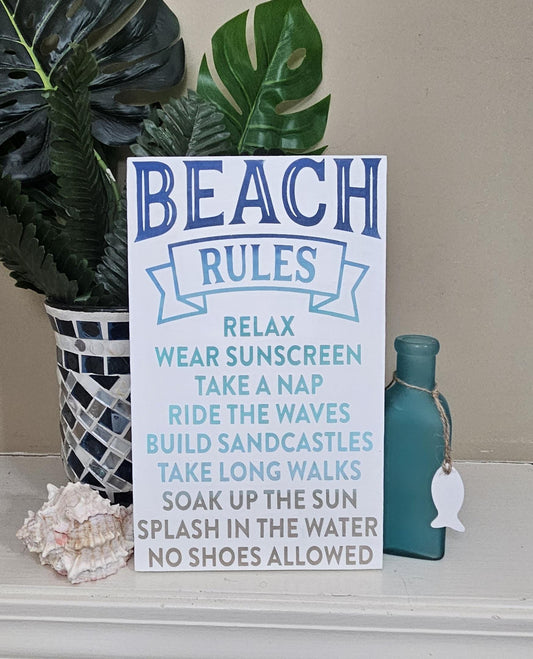 Beach Rules Wood Sign – Hand-Painted Coastal Wall Art (7x12) for Beach House or Tiki Bar
