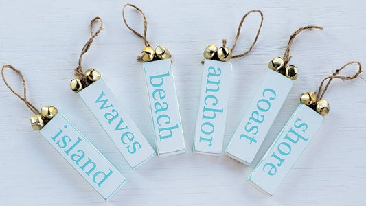 Beach Wood Ornaments with Jute Hanger and Bells – Hand-Painted Coastal Decor for Tree or Shelf