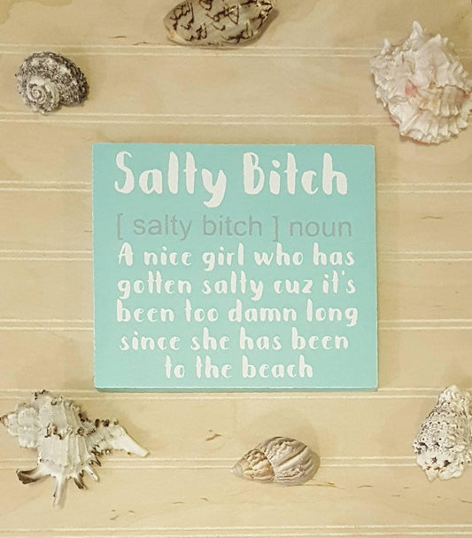 Salty Bitch Beach Sign – Hand-Painted Funny Coastal Wall Decor (7x7) with Sawtooth Hanger