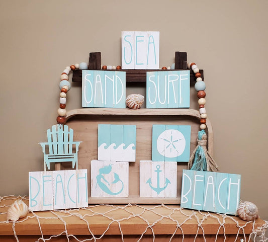 Sand, Sea, Surf Tiered Tray Decor – Hand-Painted Beach Signs & Bead Garland for Coastal Displays