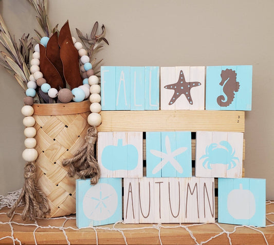 Coastal Fall Tiered Tray Decor – Hand-Painted Aqua & Cream Beach House Signs with Bead Garland
