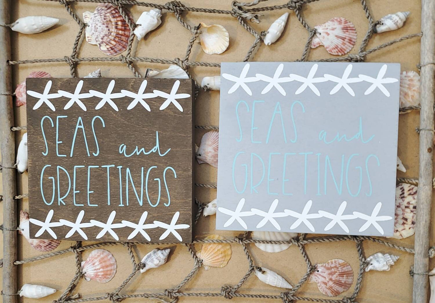 Seas and Greetings Wood Sign – Hand-Painted Coastal Christmas Decor for Beach Lovers