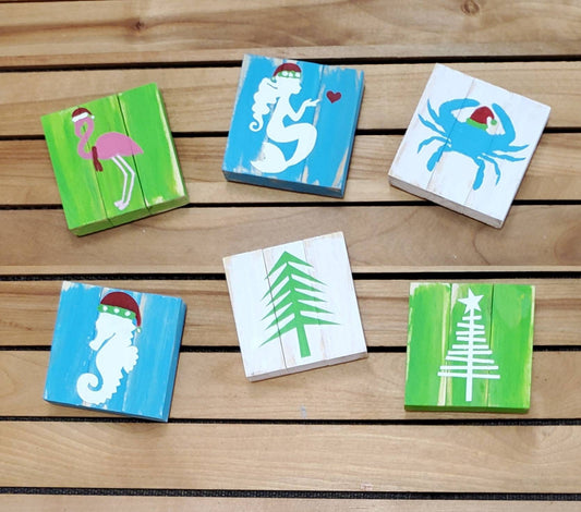 Beach Christmas Tiered Tray Decor – Hand-Painted 3x3 Mini Signs & Bead Garland (Single or Bundle of 6)