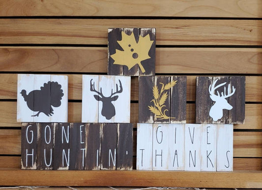 Thanksgiving Hunting Tiered Tray Decor – Give Thanks, Deer & Turkey Signs, Rustic Fall Shelf Sitters