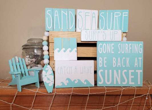 Aqua Surf Tiered Tray Decor – Hand-Painted Coastal Mini Signs for Beach & Summer Styling