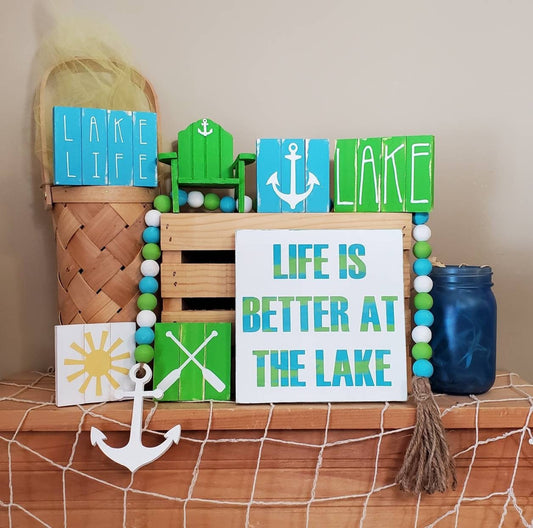 Life Is Better at the Lake Tiered Tray Decor – Hand-Painted Lake House Signs, Bead Garland & Adirondack Chair
