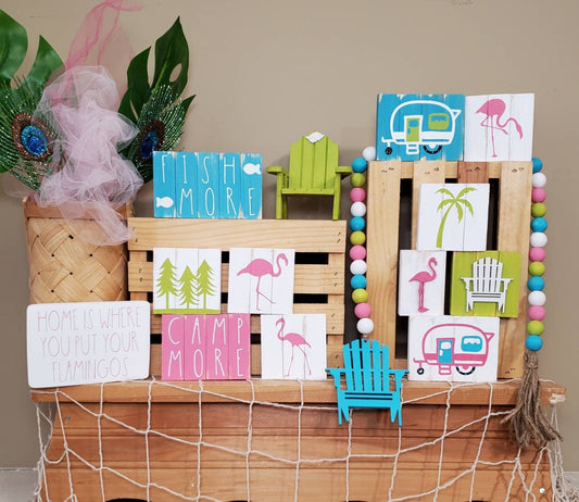 Flamingo Camping Tiered Tray Decor – Hand-Painted Camper, Pine, and Palm Signs with Bead Garland