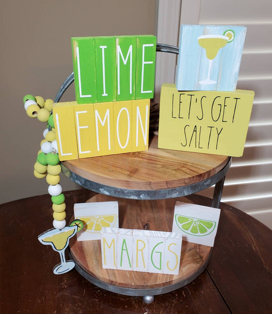 Lemon & Margarita Tiered Tray Decor – Hand-Painted Summer Bar Signs in Yellow & Lime
