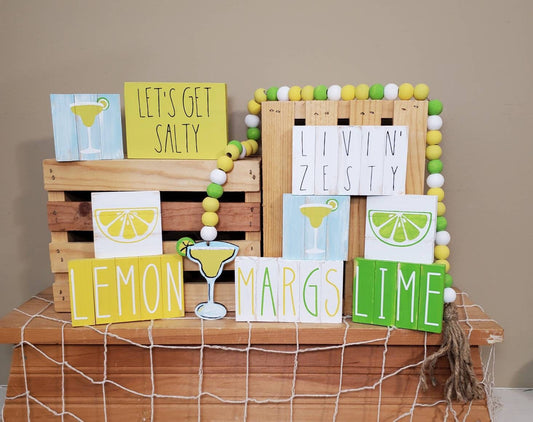 Lemon & Margarita Tiered Tray Decor – Hand-Painted Summer Bar Signs in Yellow & Lime