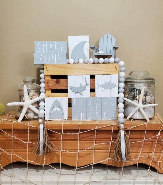 Shark Tiered Tray Decor Set – Hand-Painted Ocean-Themed Signs for Coastal or Nautical Display