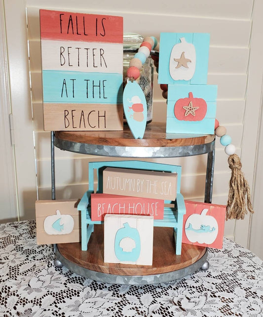 Fall Beach Tiered Tray Decor – Aqua & Coral Coastal Autumn Mini Signs | Mermaid & Pumpkin Surf Decor