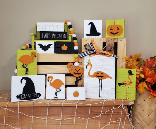 Flamingo Halloween Tiered Tray Decor – Hand-Painted Spooky Cute Signs for Coastal Halloween Styling