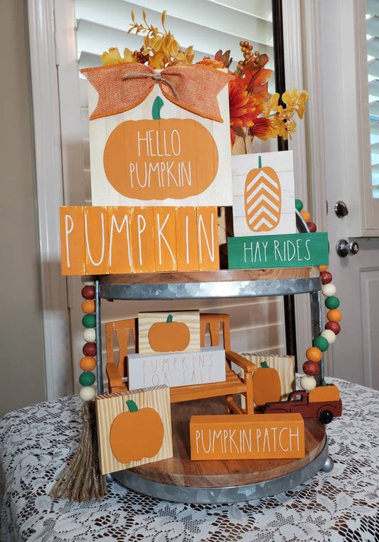 Fall 3D Tiered Tray Decor – Hand-Painted Autumn Signs with Layered Wood Details for Seasonal Styling