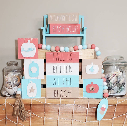 Fall Beach Tiered Tray Decor – Aqua & Coral Coastal Autumn Mini Signs | Mermaid & Pumpkin Surf Decor