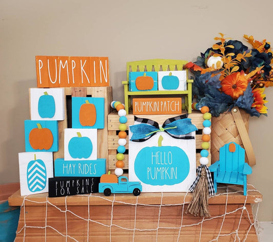 Fall Beach Tiered Tray Decor – Hello Pumpkin Coastal Autumn Mini Sign Set | Aqua, Lime & Orange Tiered Tray Pieces
