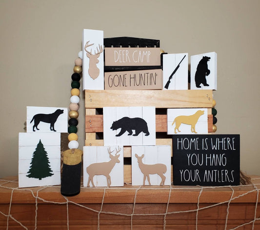 Hunting Cabin Tiered Tray Decor Set – 3D Wildlife & Rustic Signs with Labs, Bears, Buck & More