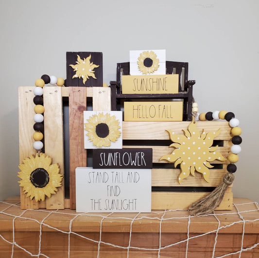 Sunflower Tiered Tray Decor – 3D Sunflower and Sun Signs, Bead Garland, and Fall Shelf Sitters