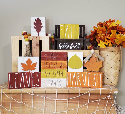 3D Leaf Fall Tiered Tray Decor – Hand-Painted Autumn Mini Signs with Layered Wood Accents