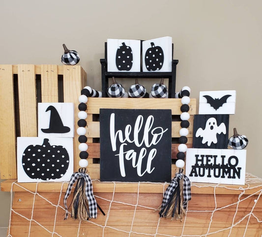 Black and White, Fall, Tiered Tray, 3D Wood Sign, Halloween, Witch, Pumpkin, Autumn Decor, Bead Garland, Gift For Her, Shelf Sitter