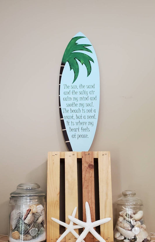 Surfboard Beach Quote Sign – Hand-Painted Tropical Decor with Palm Tree & Relaxing Coastal Saying
