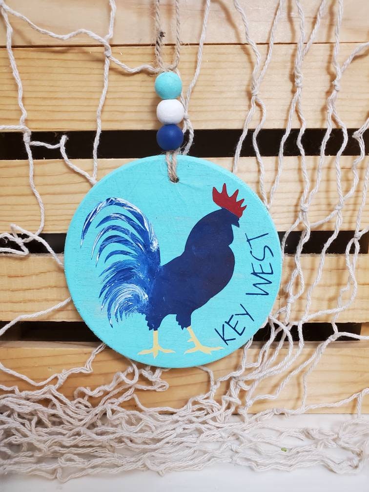 Key West Green Hand-Painted Wood Ornament – 4" Round with Beads