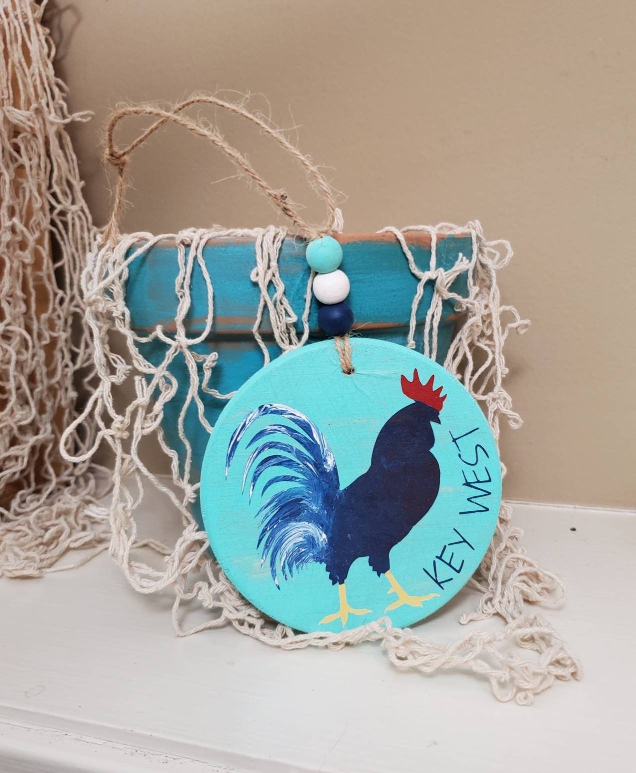 Key West Green Hand-Painted Wood Ornament – 4" Round with Beads