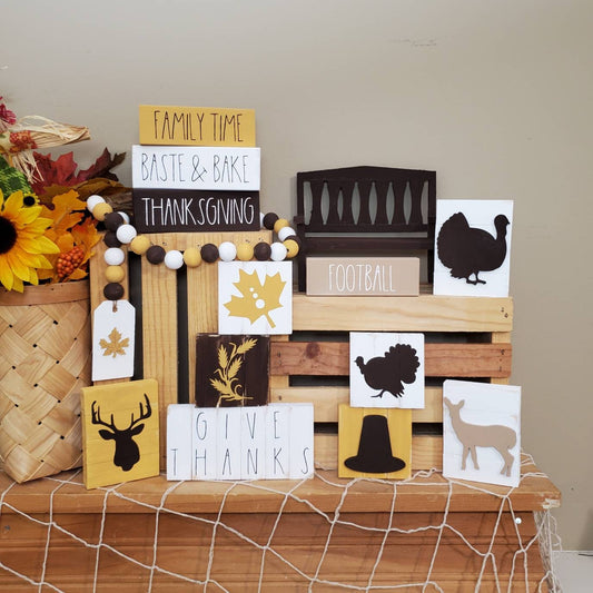 Fall Thanksgiving Tiered Tray Decor – Family, Football, Turkey, & Hunting Inspired Mini Signs | Rustic Autumn Shelf Sitters