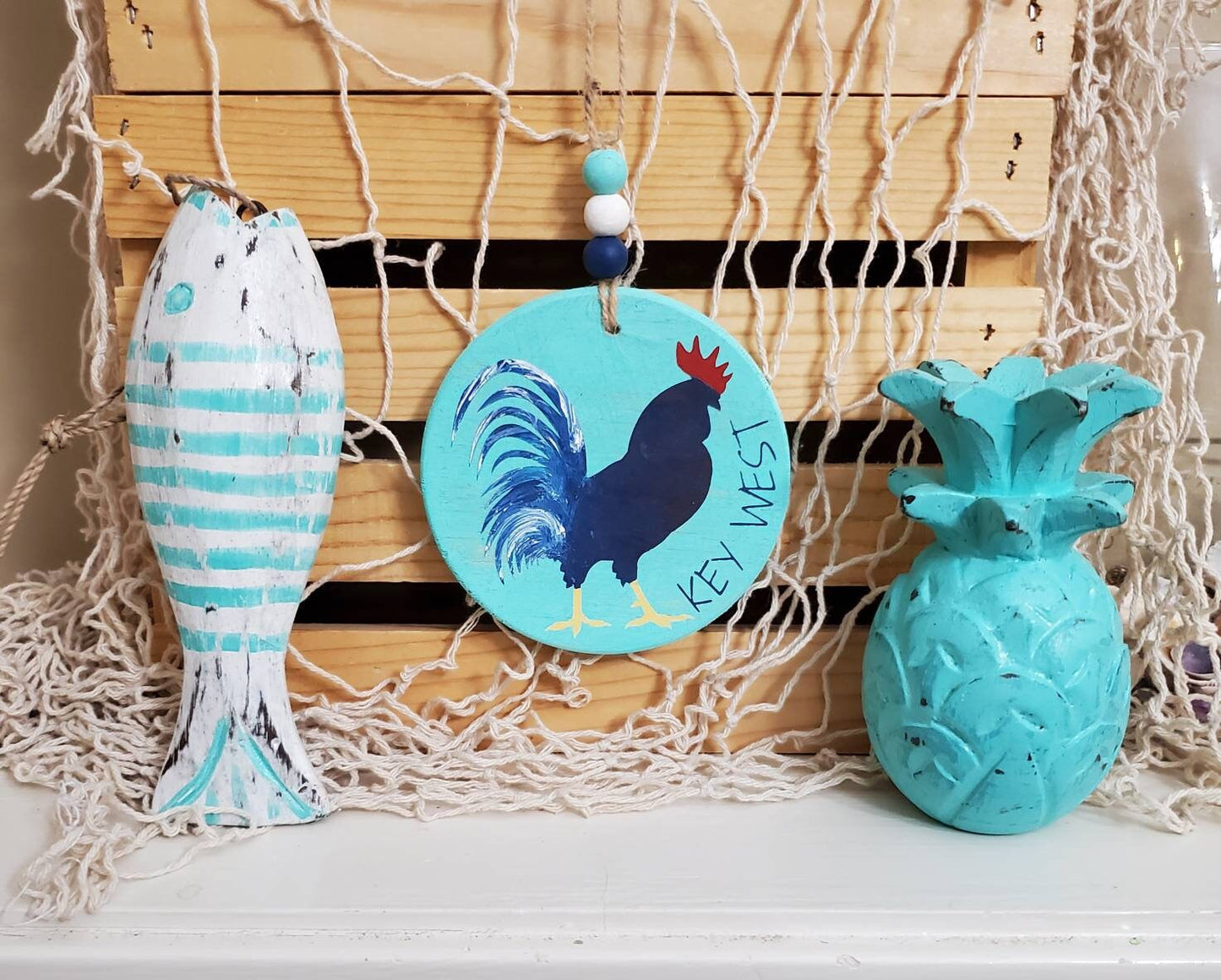 Key West Green Hand-Painted Wood Ornament – 4" Round with Beads