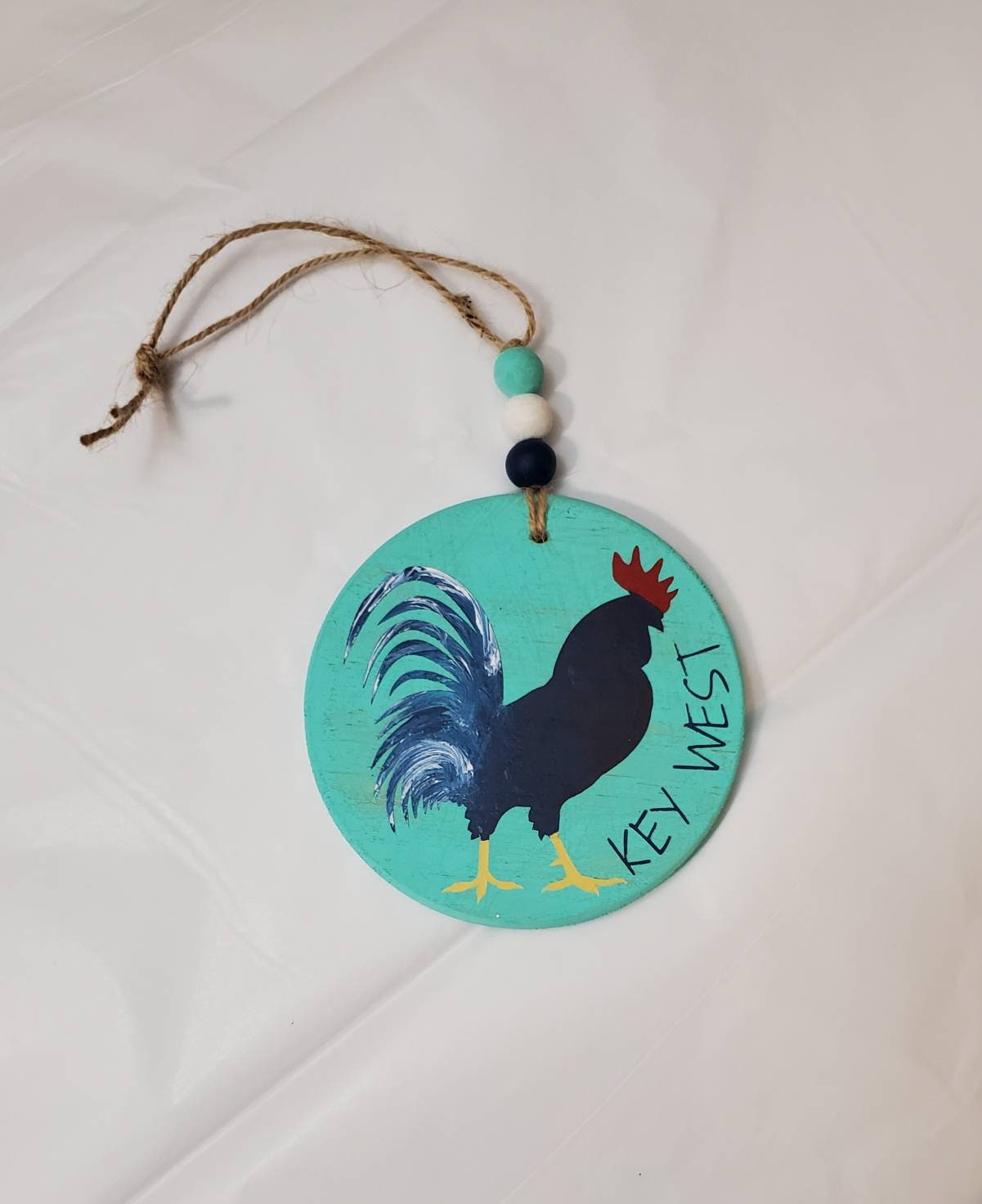 Key West Green Hand-Painted Wood Ornament – 4" Round with Beads