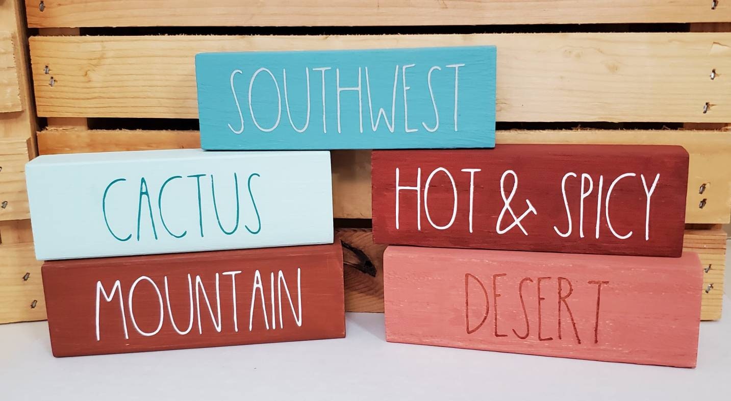 Southwest Tiered Tray Decor Set – Hand-Painted 3D Signs in Copper, Coral, Blue & Earth Tones