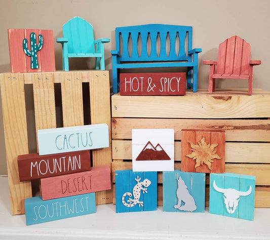 Southwest Tiered Tray Decor Set – Hand-Painted 3D Signs in Copper, Coral, Blue & Earth Tones