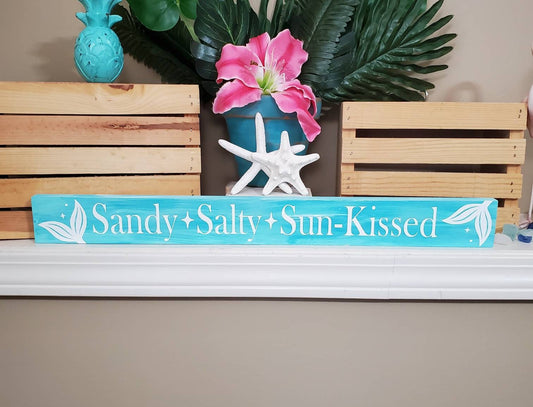 Sandy Salty Sunkissed Wood Sign – Hand-Painted Coastal Shelf Sitter for Beach or Summer Decor