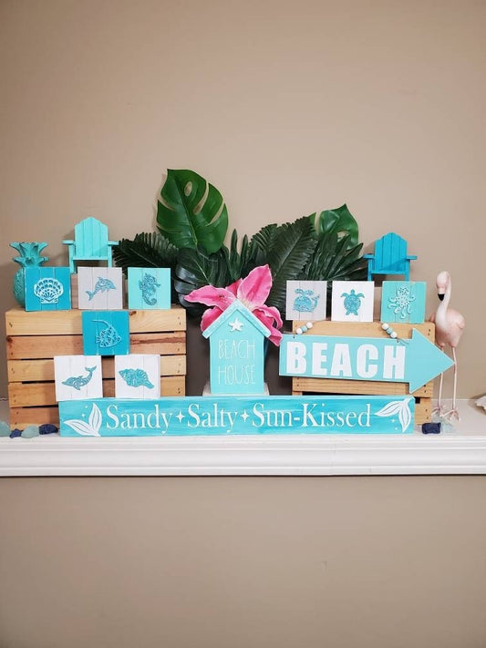 Mini Beach House Tiered Tray Set – Hand-Painted Coastal Shelf Sitters