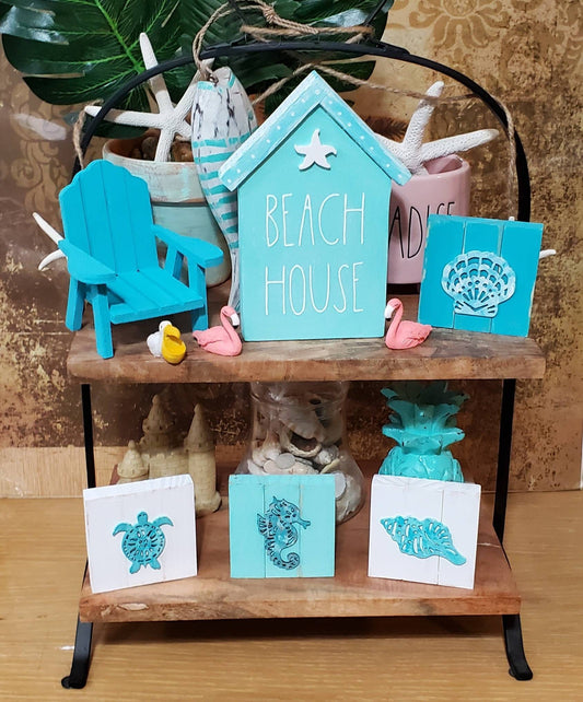 Mini Beach House Tiered Tray Set – Hand-Painted Coastal Shelf Sitters